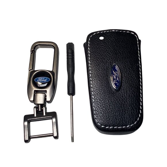For Ford Premium Key Fob and Key Chain Faux Black Leather New - Picture 2 of 4